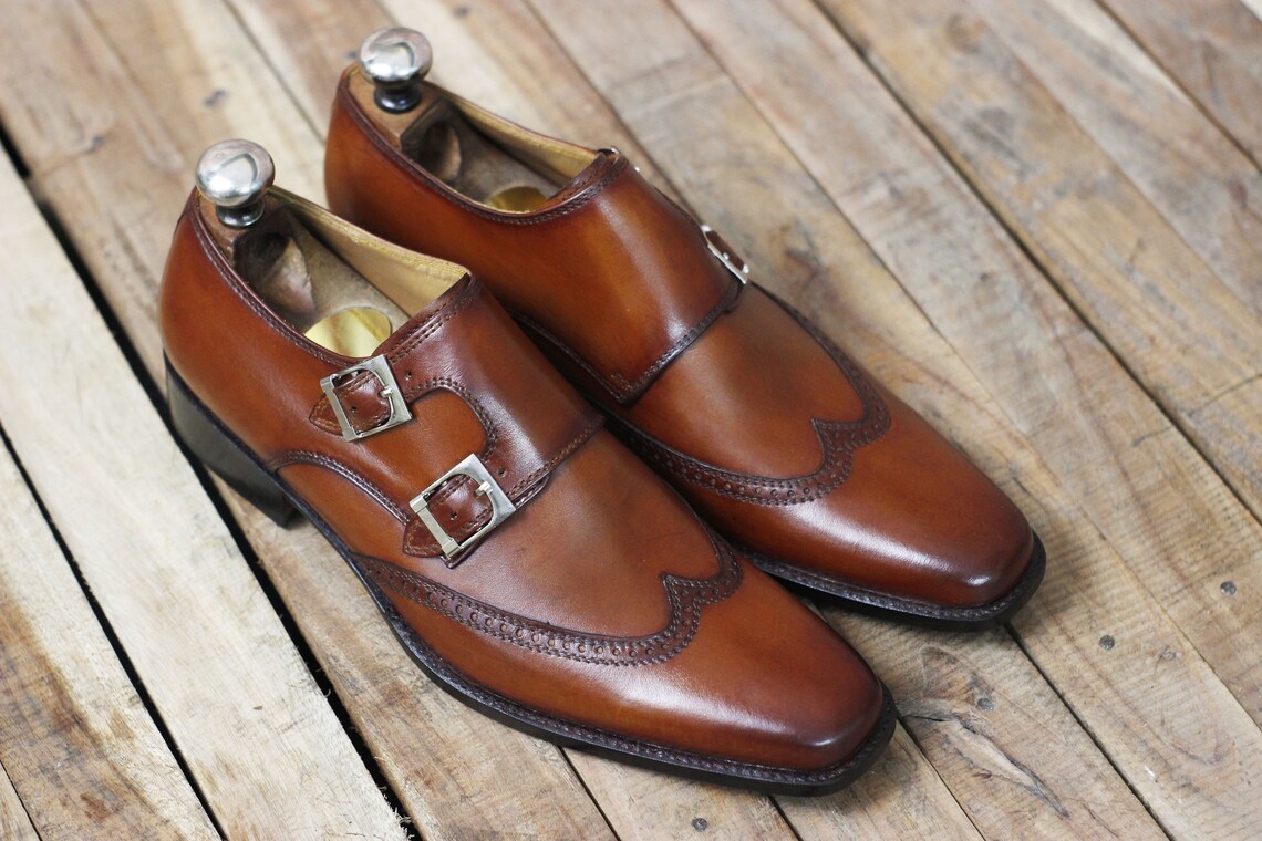 Handmade Leather Brown Wingtip Monk shoes, Men Double Monk Leather Shoes