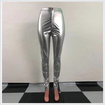 Shiny Silver Tight Fit Faux Leather High Waist Front Zip Up Legging Pencil Pants image 3