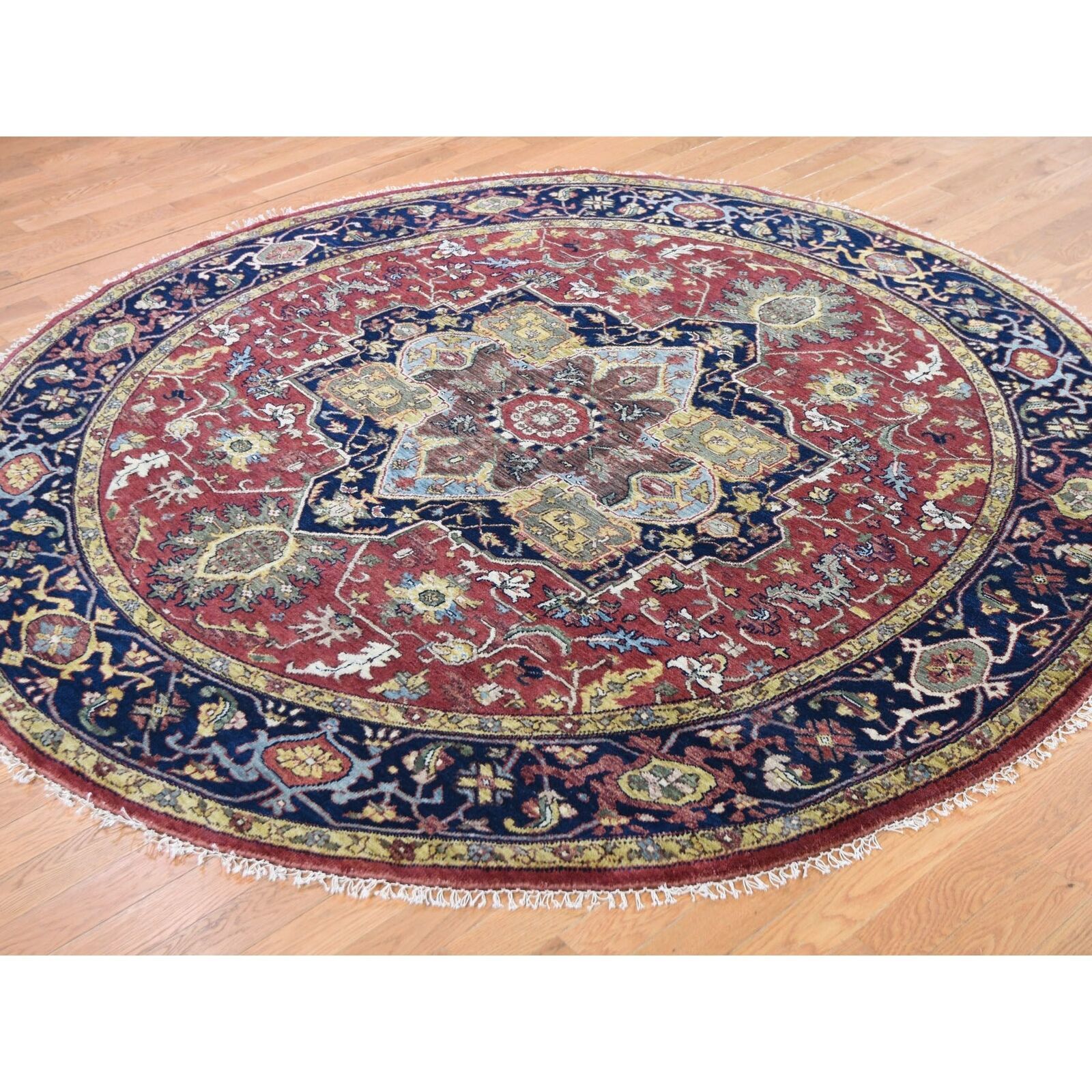 7'9"x7'9" Red Round Pure Wool Hand Knotted Tribal Oriental Rug G48679