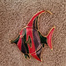 Angelfish Brooch, Enamel on Gold Tone Metal, Shimmering Red Green Fish Pin image 1
