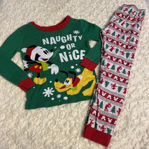 Disney Store Boys Green Red Mickey Mouse Pluto Christmas Naughty Nice Pajamas 6 - £9.60 GBP