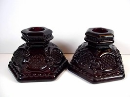 Vintage pair Avon glass ruby Cape Cod candle holders 2.5&quot; tall - $10.78