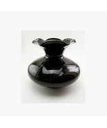 Large Black Amethyst Pressed Glass Vase Ruffled Rim Vintage 1930s North ... - $72.90