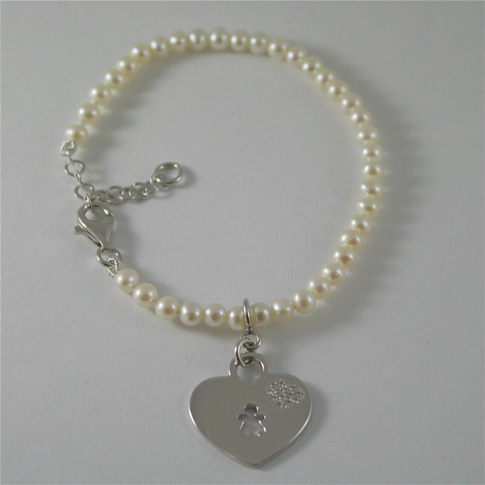 Primary image for 925 SILVER BRACELET WITH HEART AND GIRL PENDANT AND WITH FW WHITE PEARLS STRING