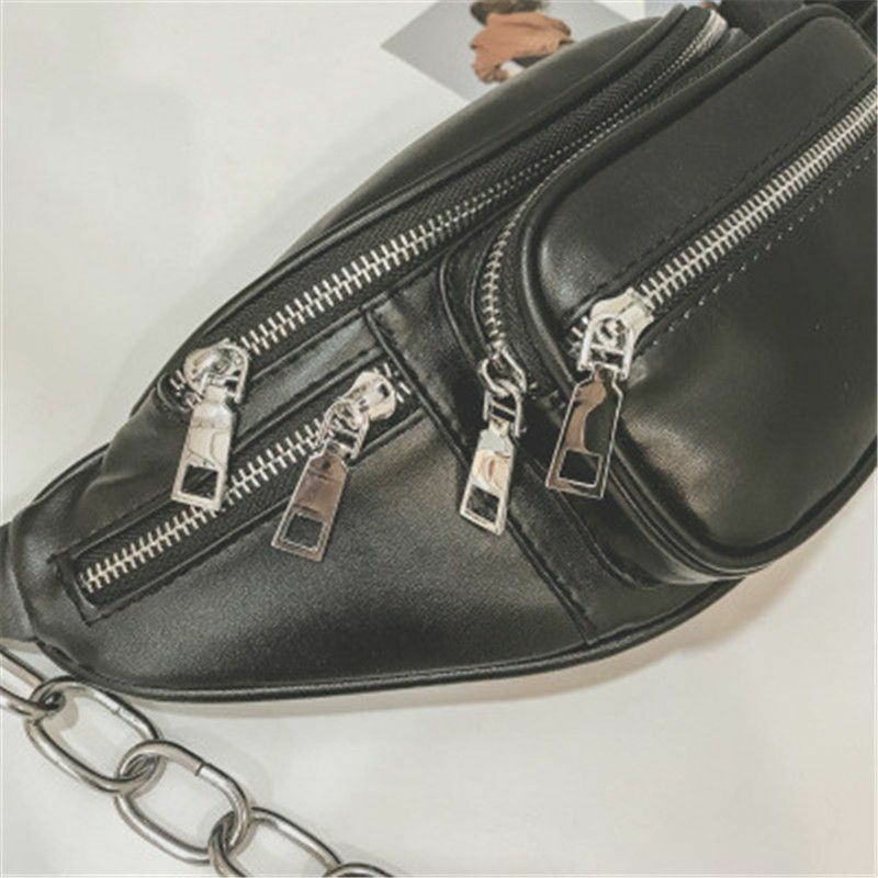 Black Fanny Pack Across Chest Faux Leather Waist Belt Bag with Chain