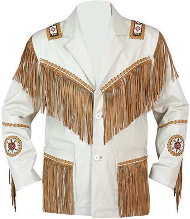 Mens Two Tone White Western Style Beaded Tan Fringed Finished Cow ...