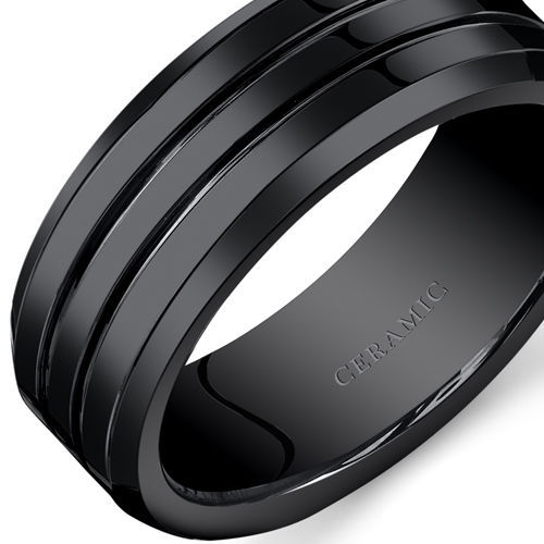Men s 8mm Black Ceramic Wedding Band Ring 2 Center Grooves Bands 