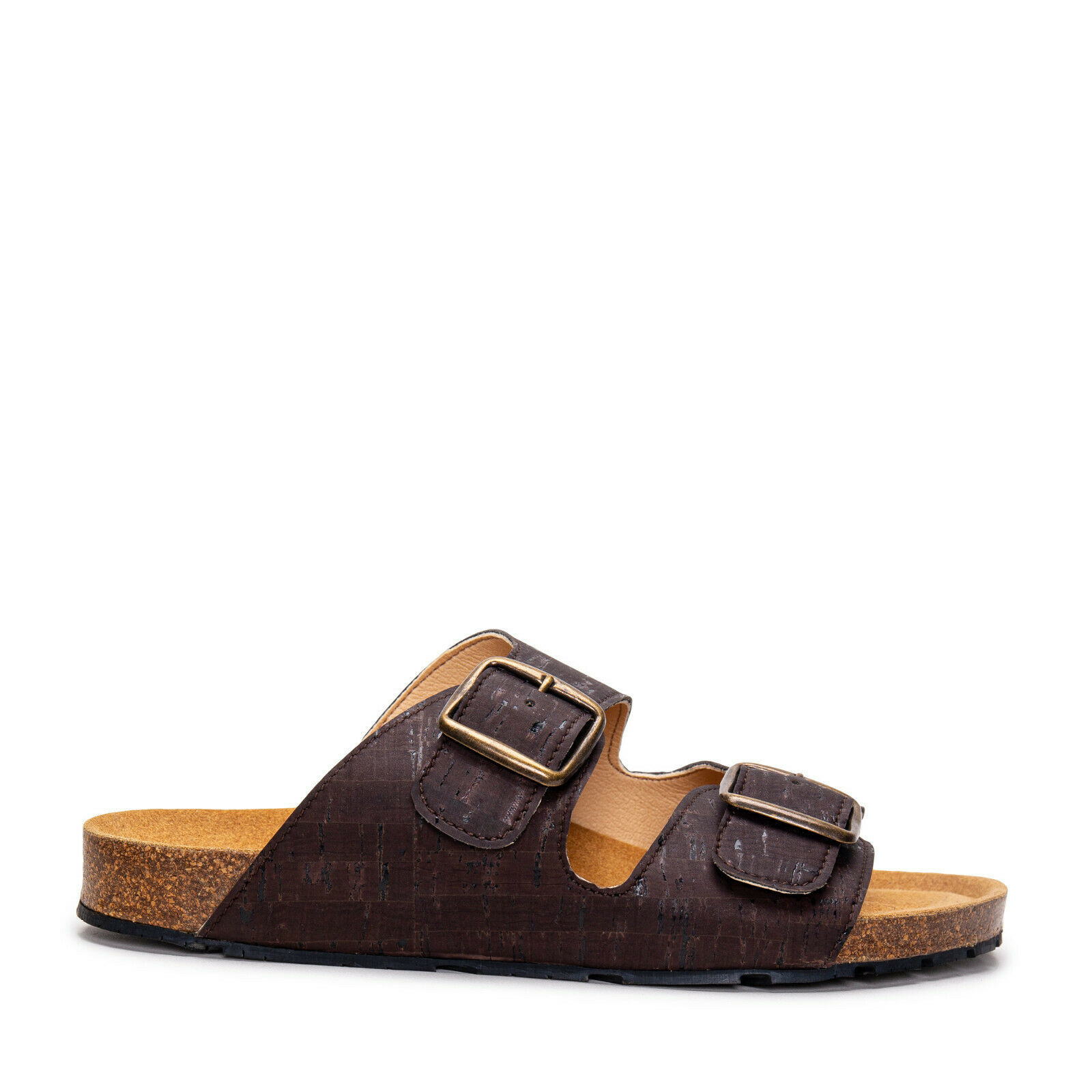 Vegan sandals flat backless open-toe adjustable buckle-straps in natural cork