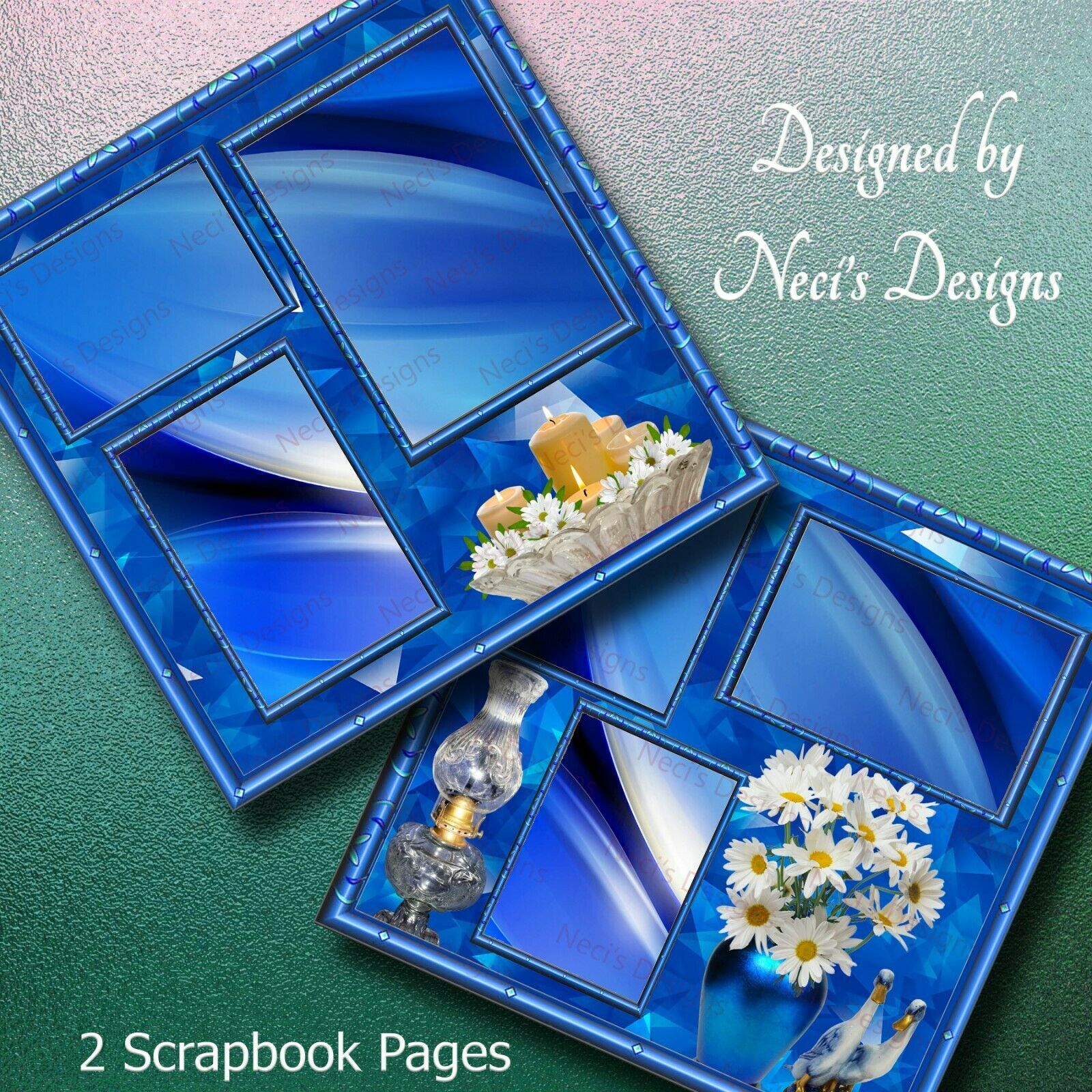 Vintage Themed Scrapbook Set Shades of Blue with Daisies and