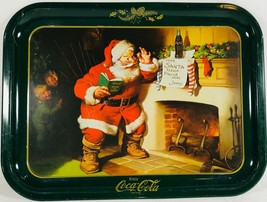 Coca-Cola Green Santa Claus At Fireplace “Please Pause Here” Metal Serving Tray - $9.95