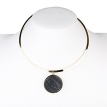 Gold Tone Choker Necklace with Smoky Grey Faux Marble Pendant - $26.99