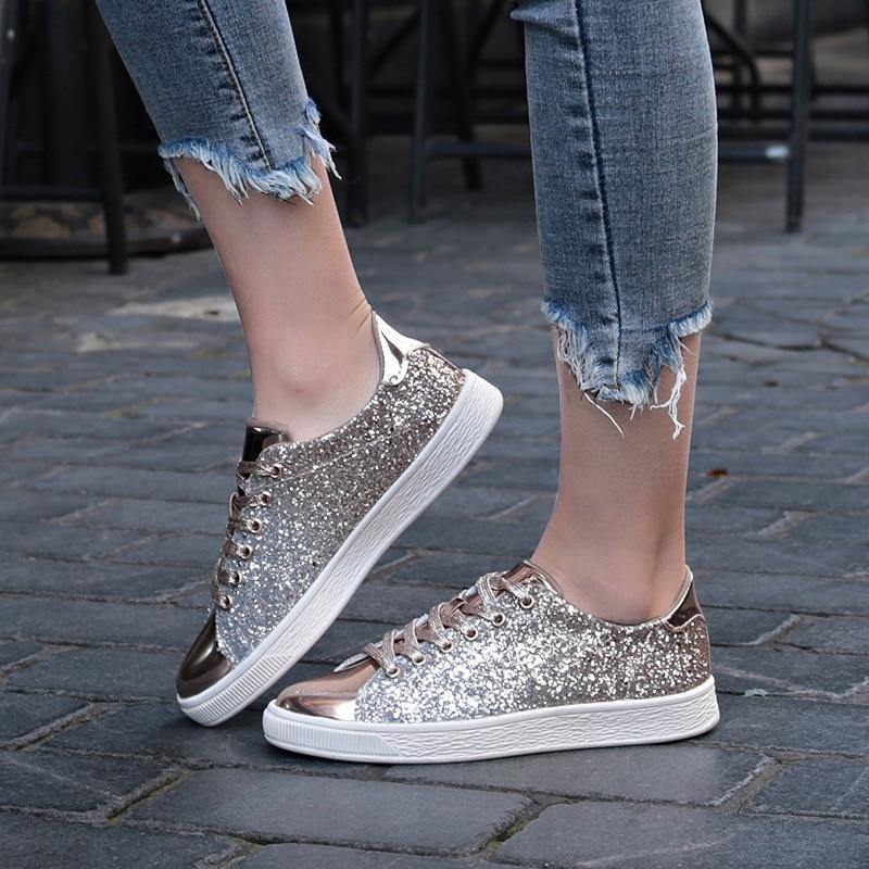 Casual Flat lace-Up Bling Glitter Shining Sneakers for Woman