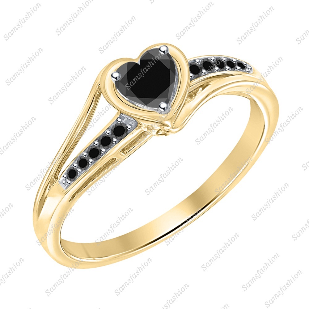 Lovely Heart Shaped Black Diamond 14k Yellow Gold Over Wedding Promise Ring