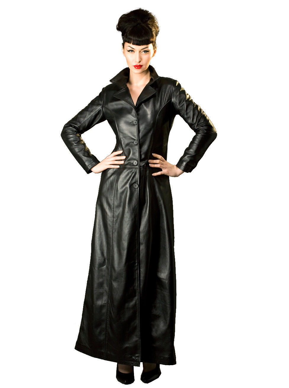 Woman Gothic Trench Jacket Black Sexy Leather Long Coat Fitted Long Floor Length