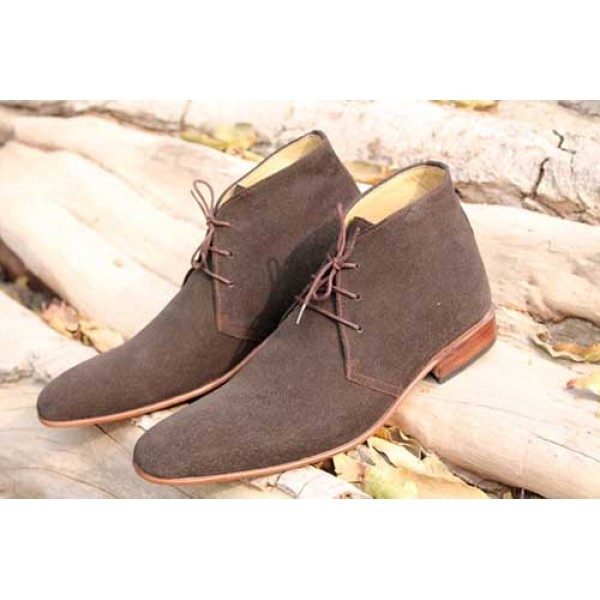 Handmade - Men's brown suede leather chukka plain rounded toe handcrafted laceup boots
