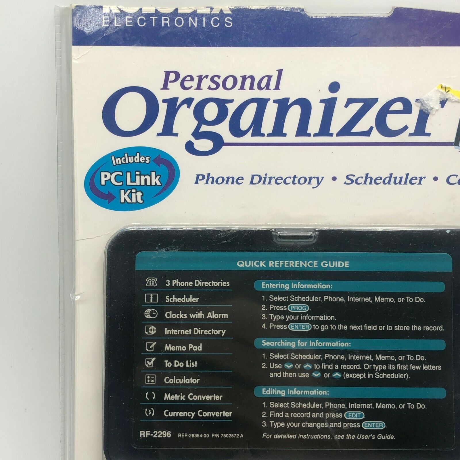 Rolodex Personal Electronic Organizer RF2296 PC Link Kit Pocket 96K