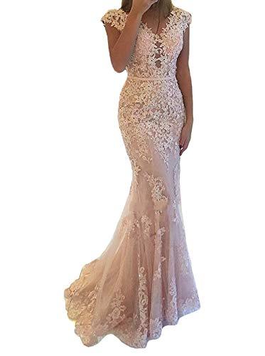 V Neck Sheer Beaded Lace Tulle Long Mermaid Evening Prom Dress Blush Pink US 6
