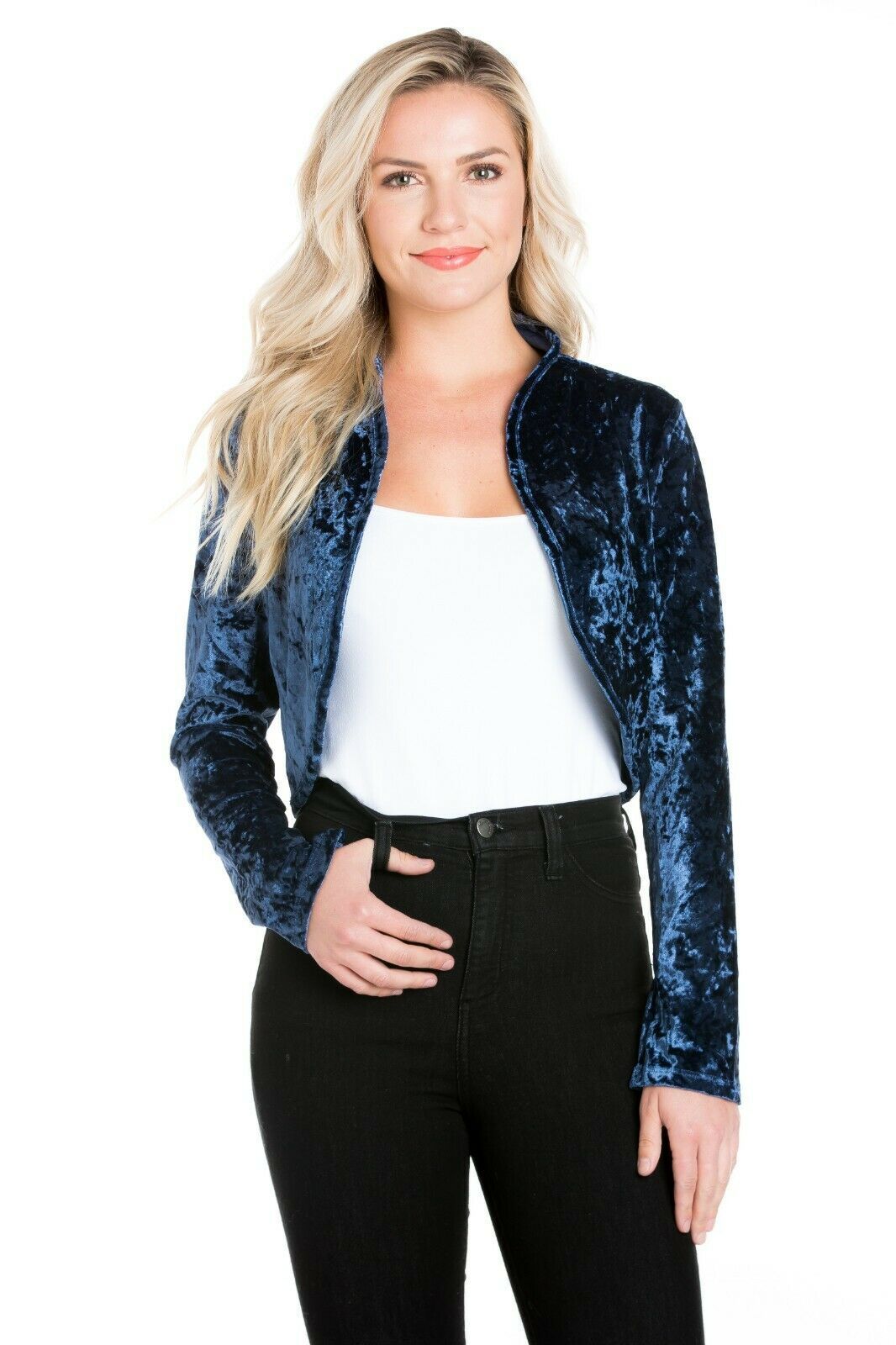 Fashion Secrets Women Navy Blue Open Velvet Velour Bolero Shrug