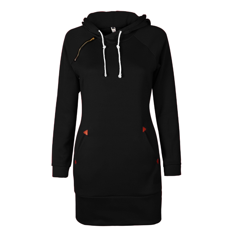 Image of Fashion Autumn Dress Women Hoodie Black Dress Pocket Long Sleeve Mini Dress