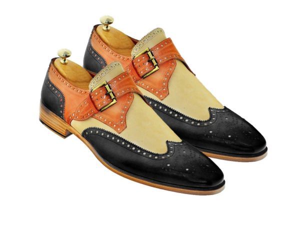 Primary image for Handmade Men's Leather Wing Tip Style Heart Medallions & Monk Strap Dress Shoes