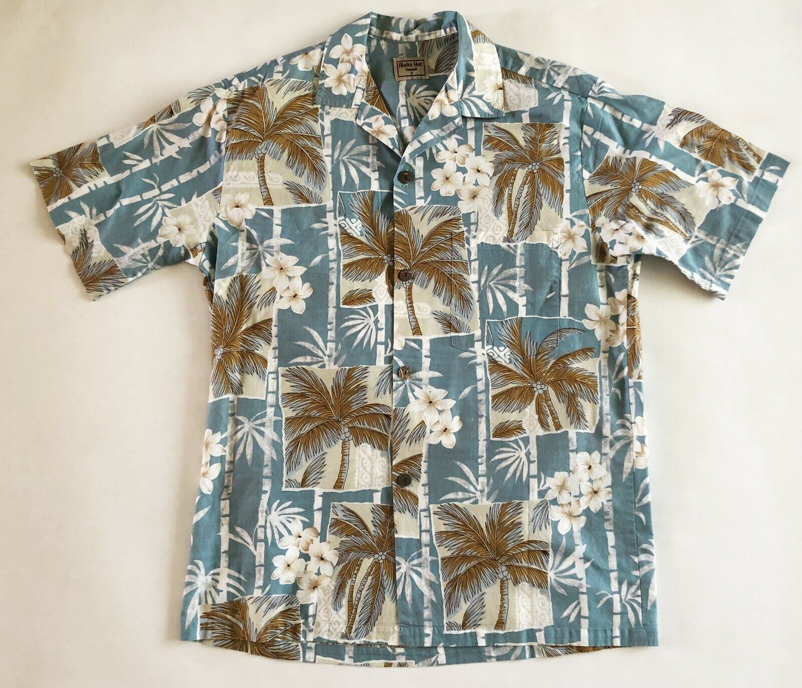 Primary image for Vintage Aloha Hut Hawaii Hawaiian Shirt Size M Coconut Shell Buttons Cotton