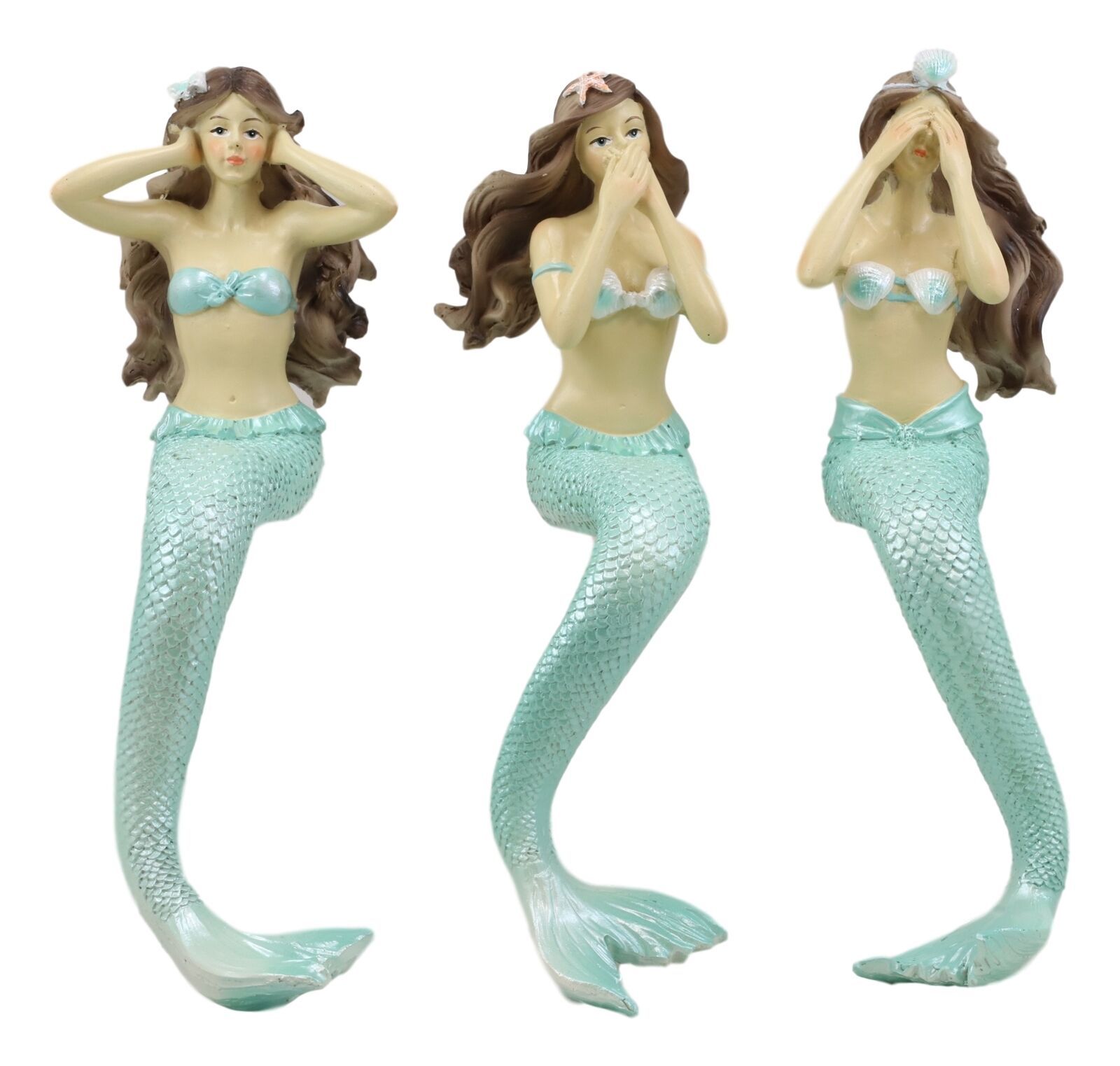 Capiz Ocean See Hear Speak No Evil Mermaid Sirens Shelf Sitter Figurines 9.25H