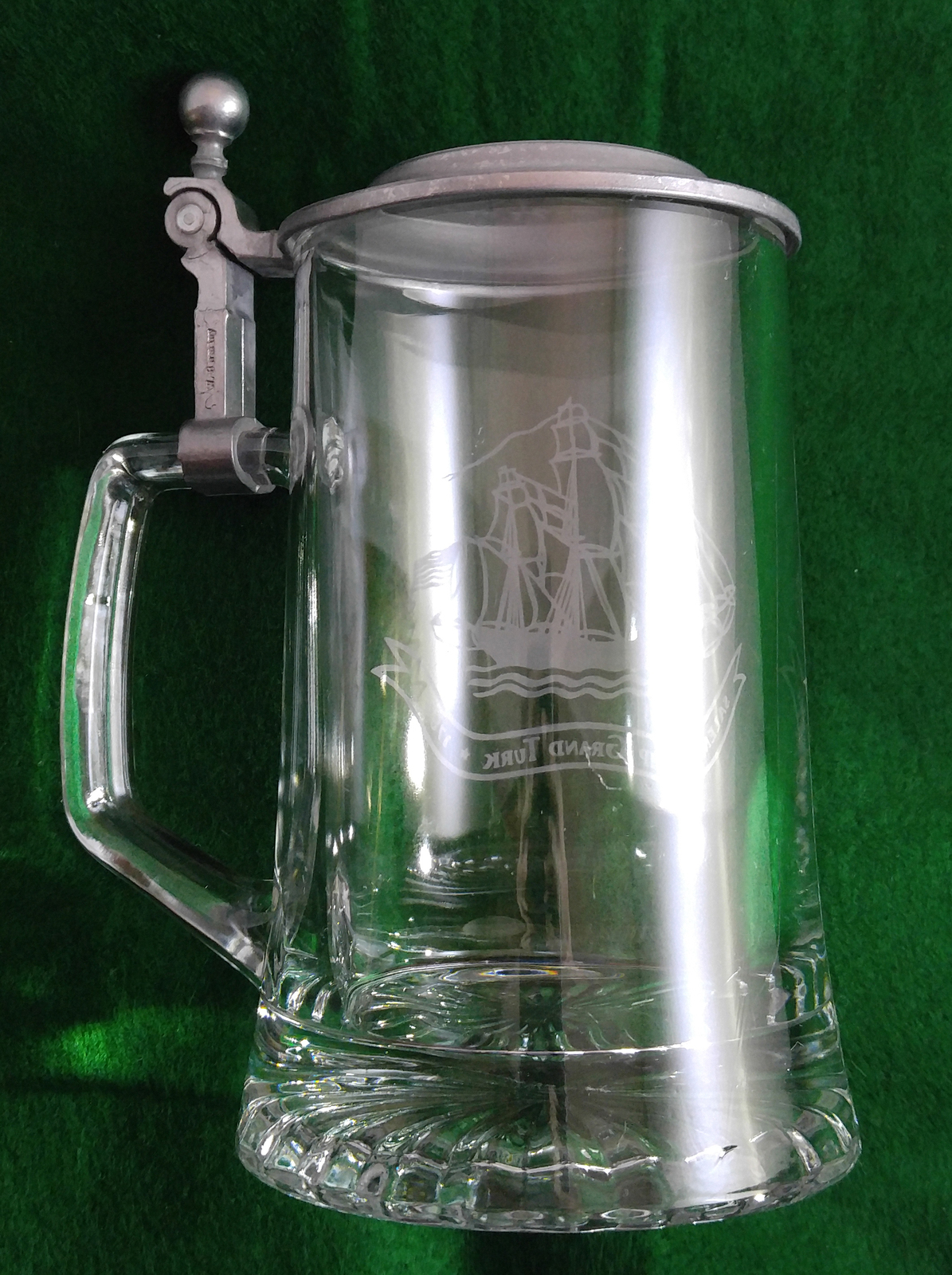 Vintage Alwe W Germany Etched Glass Stein Grand Trunk Ship W Pewter Lid 1970s Germany 6257