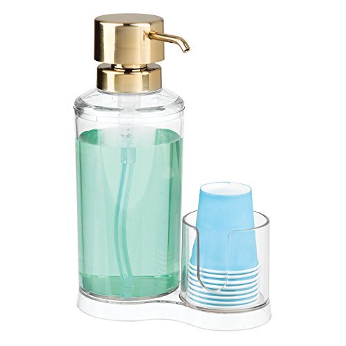 mDesign Mouthwash Pump Dispenser with Disposable Cup Caddy for Bathroom