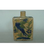 ANTIQUE PERSIAN GLAZED POTTERY FLASK BOTTLE BLUE BIRD FLOWERS - $75.00