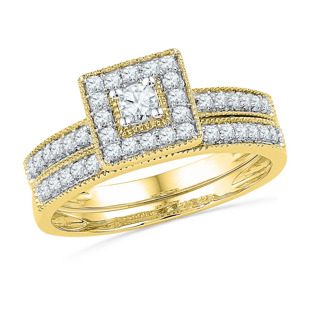 10k Yellow Gold Round Diamond Square Halo Bridal Wedding Engagement ...