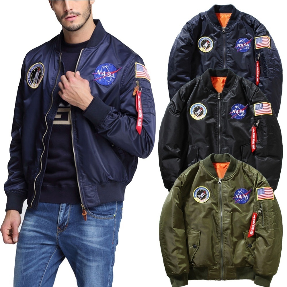 USA NASA MA1 Men's Fashion Air Force Collar Coat Print Bomber Jacket Badge Embro