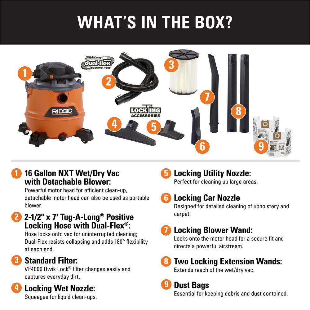 RIDGID Wet Dry Vacuum 16 Gal. 6.5 Peak HP Detachable Blower Dust Bags