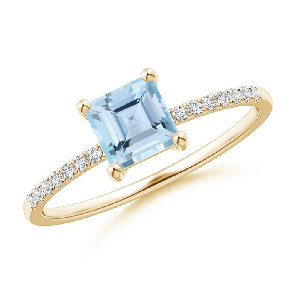 Princess Cut Blue Aquamarine & CZ Diamond Yellow Gold Plated Engagement ...