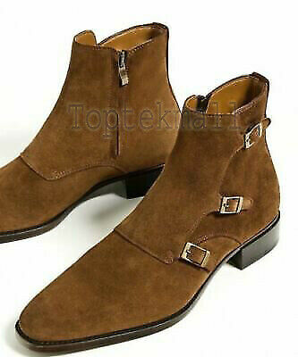 Handmade Men's Leather BROWN THREE BUCKLE SIDE ZIP HUNTER ANKLE BOOTS-726