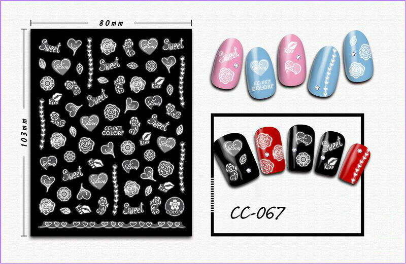 Nail Art 3D Decal Stickers White Design Hearts Roses Love CC067