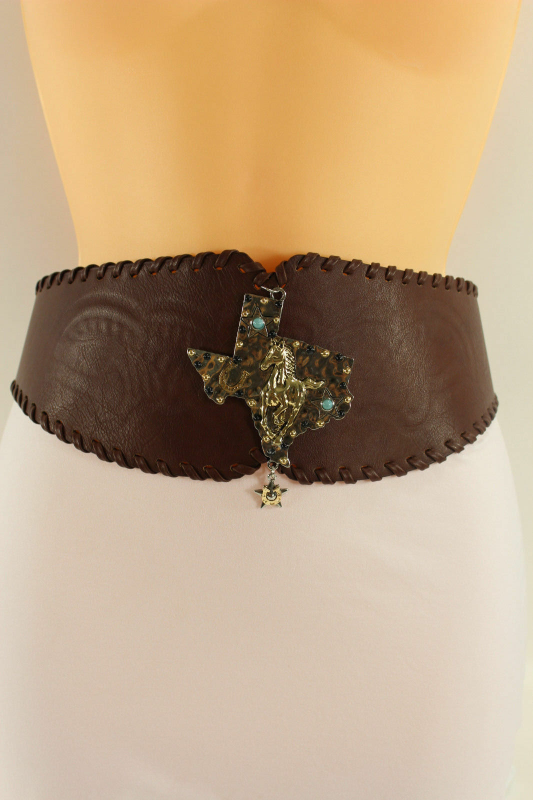 Women Fashion Wide Belt Hip Waist Brown Western Faux Leather Texas Rodeo Size S Belts