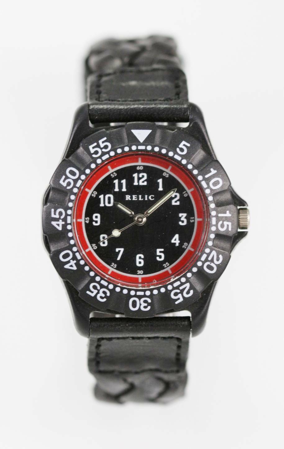 Relic Watch Unisex Stainless Steel Battery Black Leather Water Resistant Quartz Wristwatches