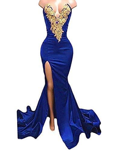 Gold Lace Sexy High Slit Mermaid Long Prom Dress Evening Gown Royal Blue US 14