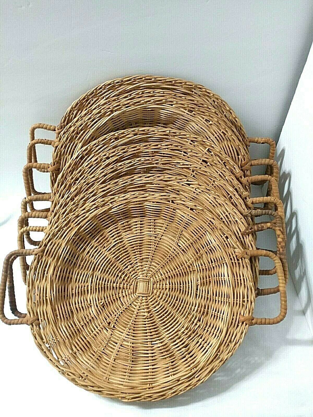 8 vintage wicker rattan paper plate holders with handles camping bbq