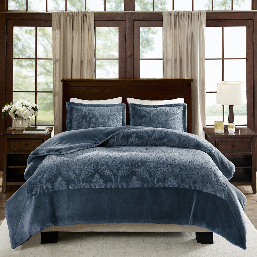 Traditional Luxury Ultra Soft Plush Velour Textured Damask Blue