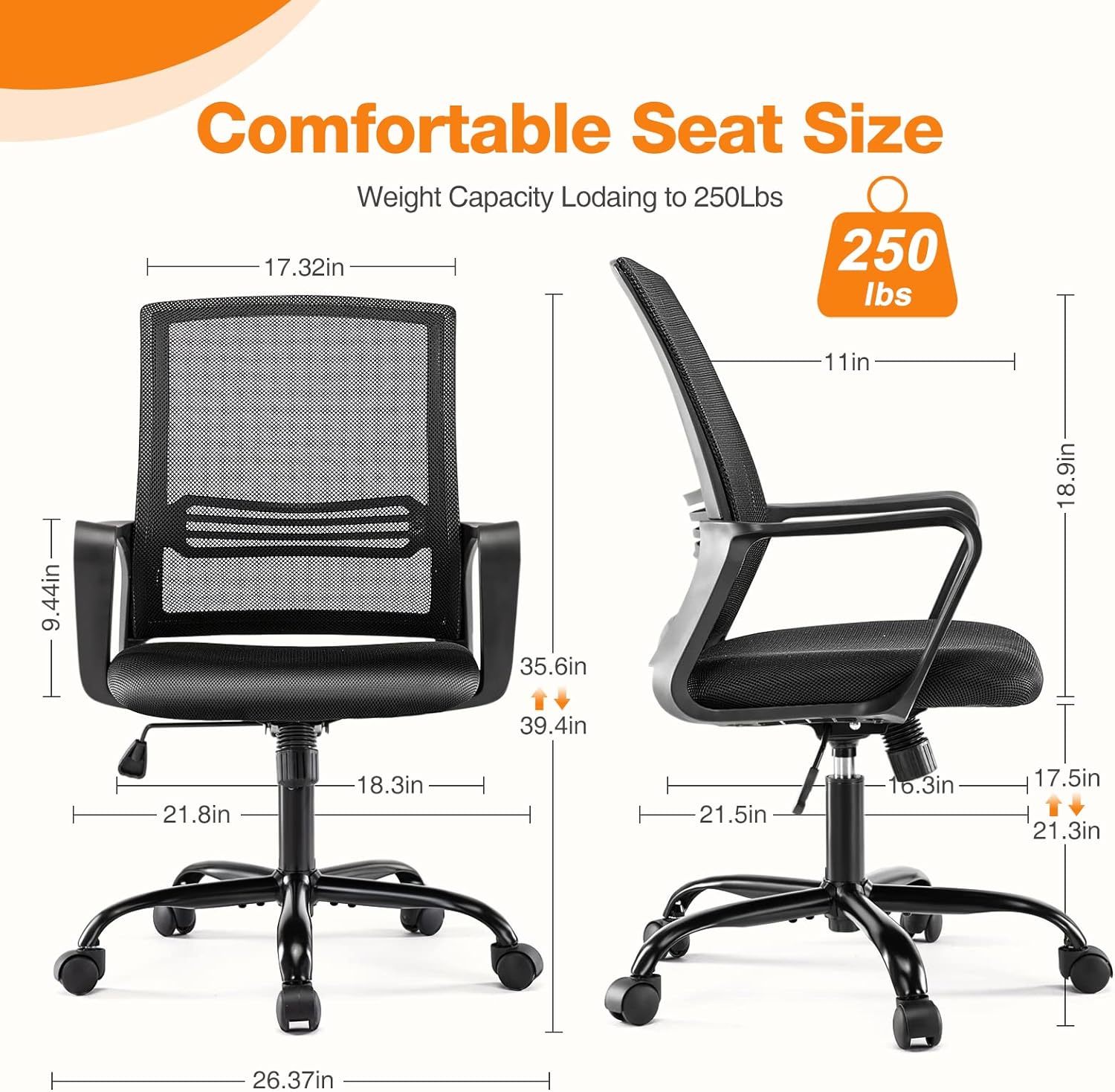 JHK Ergonomic Office Home Desk Mesh Fixed Armrest, Executive Computer Chair  with Soft Foam Seat Cushion and Lumbar Support, Black 