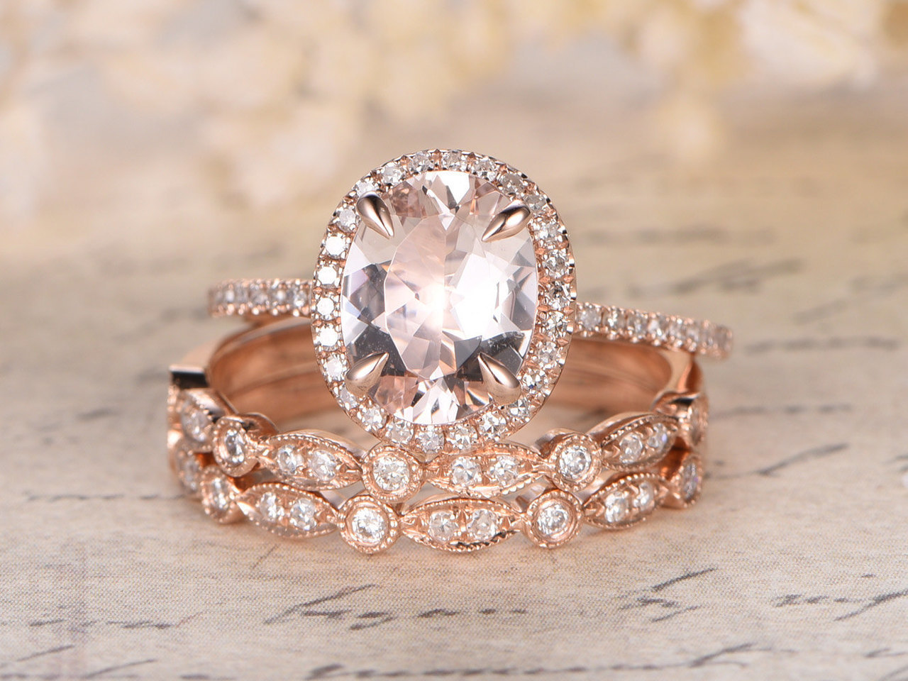 7x9mm Oval Morganite & Diamond Art Deco Wedding Halo Ring Set 14K Rose Gold Over