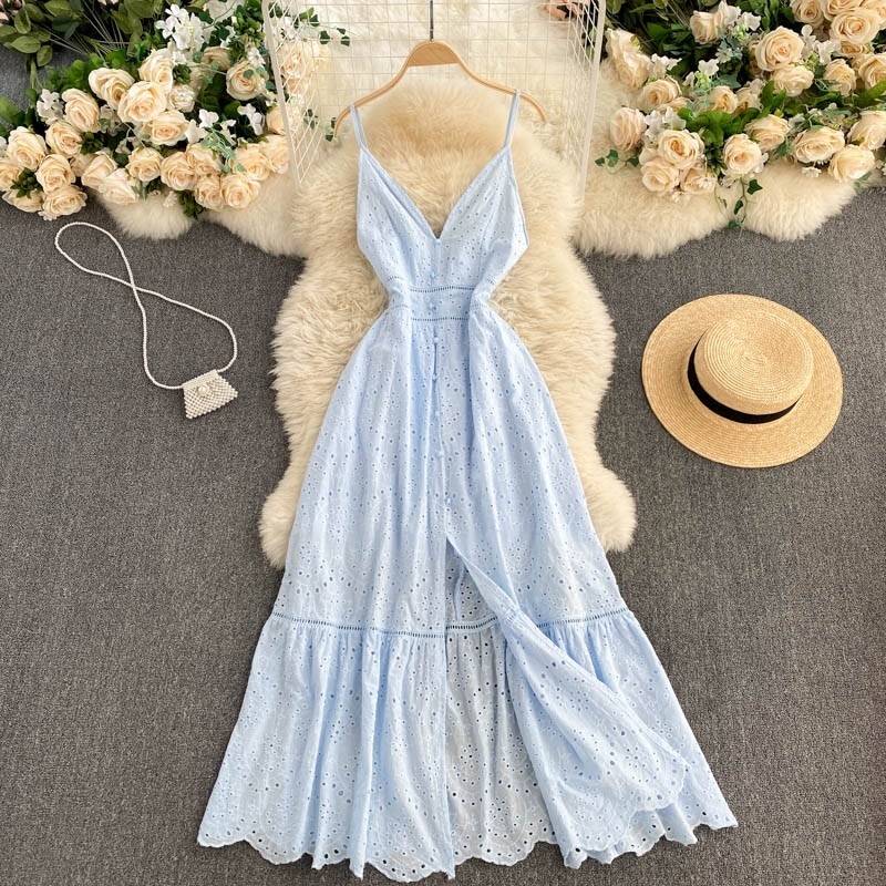 New light blue cotton lace V neck button spaghetti strap women long summer dress