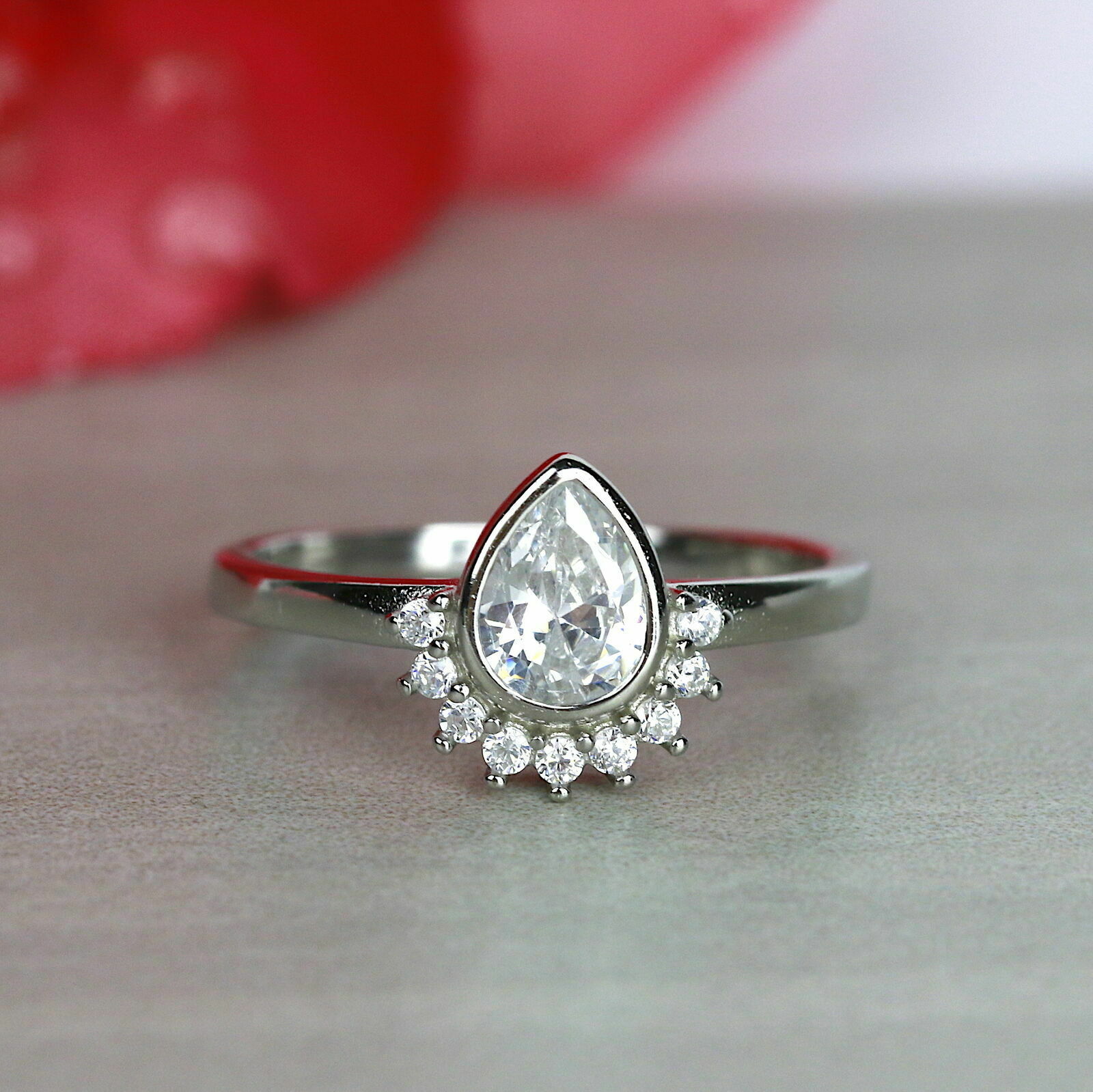 Pear Cut Bezel Set Sterling Silver Engagement Ring Teardrop Floral Crown Ring