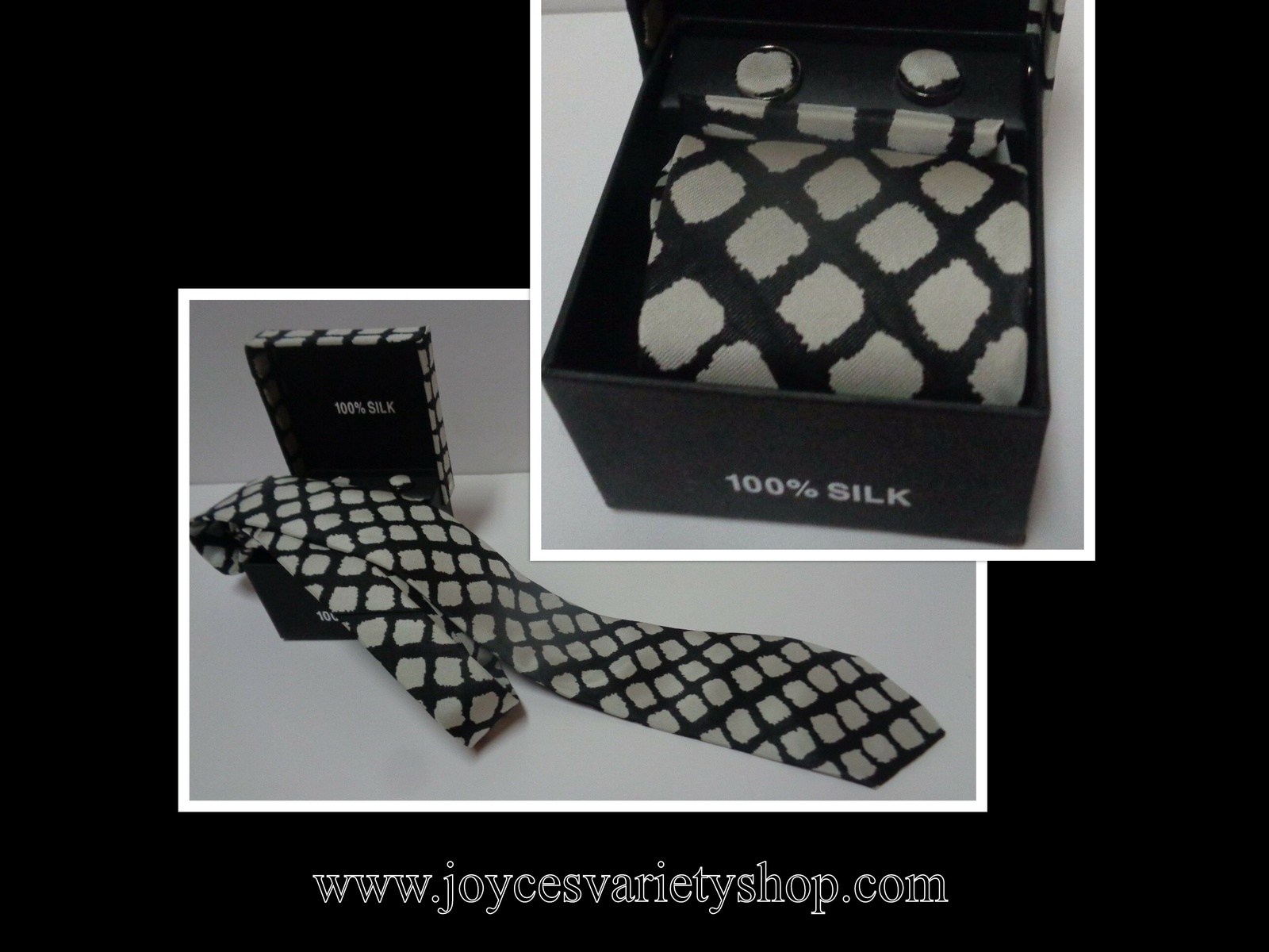 Primary image for 100% Silk Tie Cuff-links Pocket Square Set Black & White Geometric