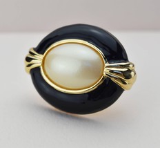 Large pearl brooch, elegant Victorian collar pin, black enamel oval broo... - $44.00