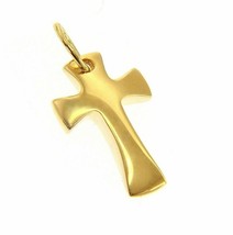 SOLID 18K YELLOW GOLD SMALL CROSS, ROUNDED 18mm, SMOOTH, CURVED, MADE IN ITALY image 1