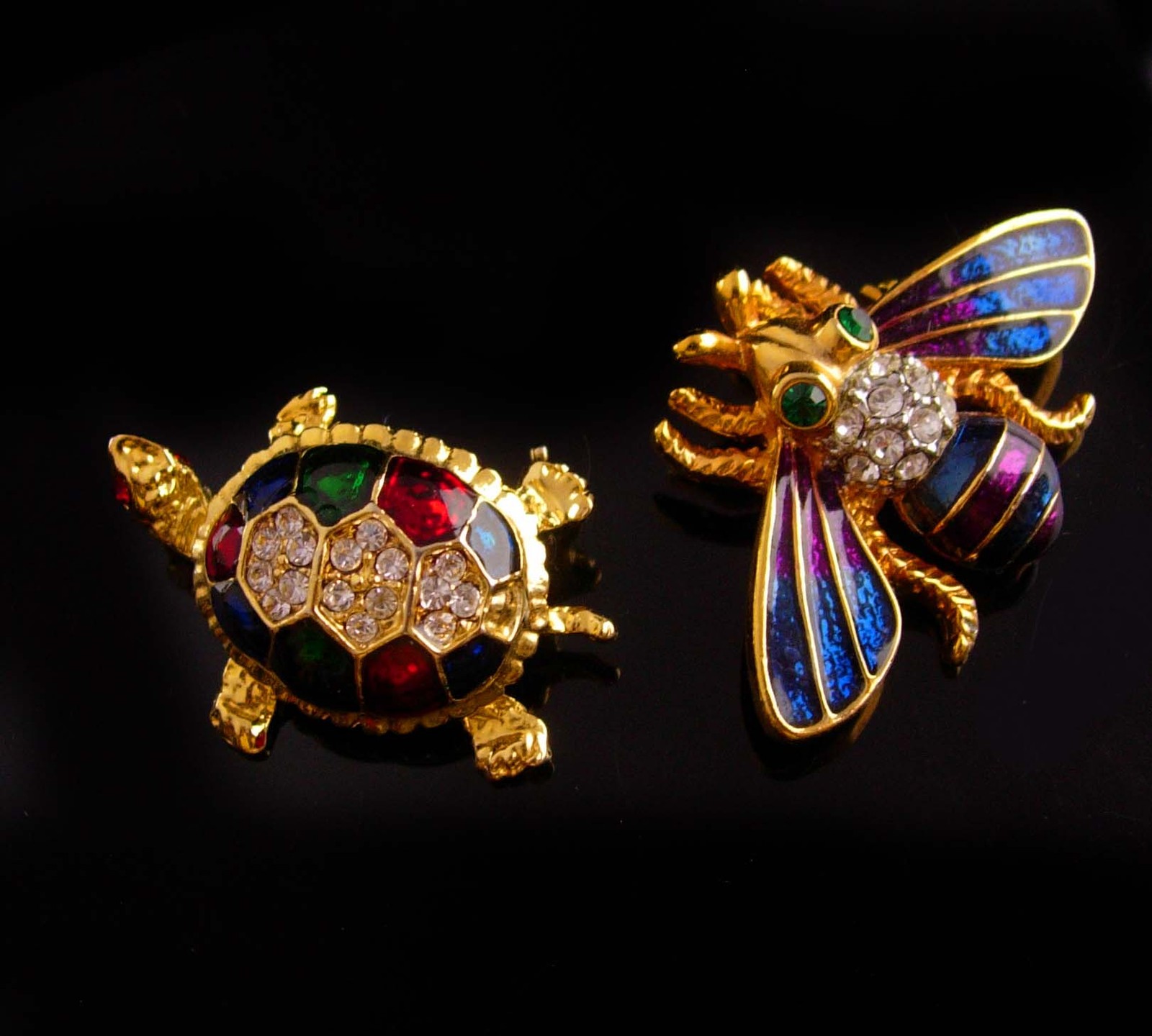 Primary image for Vintage bee brooch Turtle pin set - rhinestone Insect pin - Vintage Fly - garden