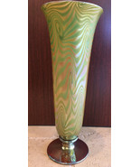 Durand King Tut Trumpet Iridescent Glass Signed Durand Green Orange Swirl Design - $3,750.00