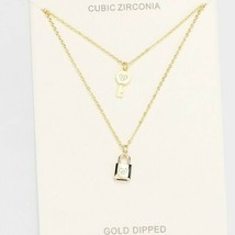 Gold Cubic Zirconia Layered Necklace Charms Lock and Key Pendant Statement Chain - $29.70